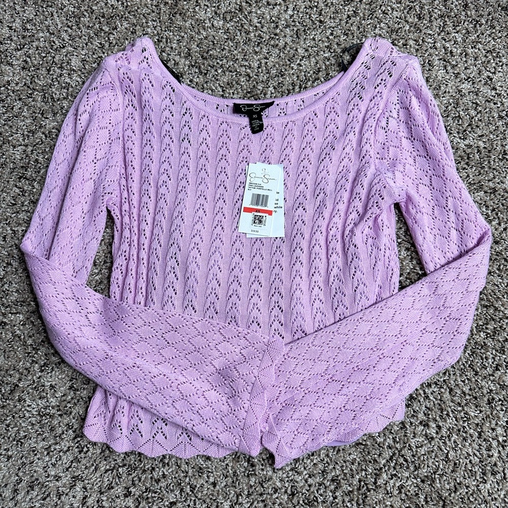 Jessica Simpson Taytum Pointelle-Knit Bell-Sleeve Sweater. NWT, cami insert